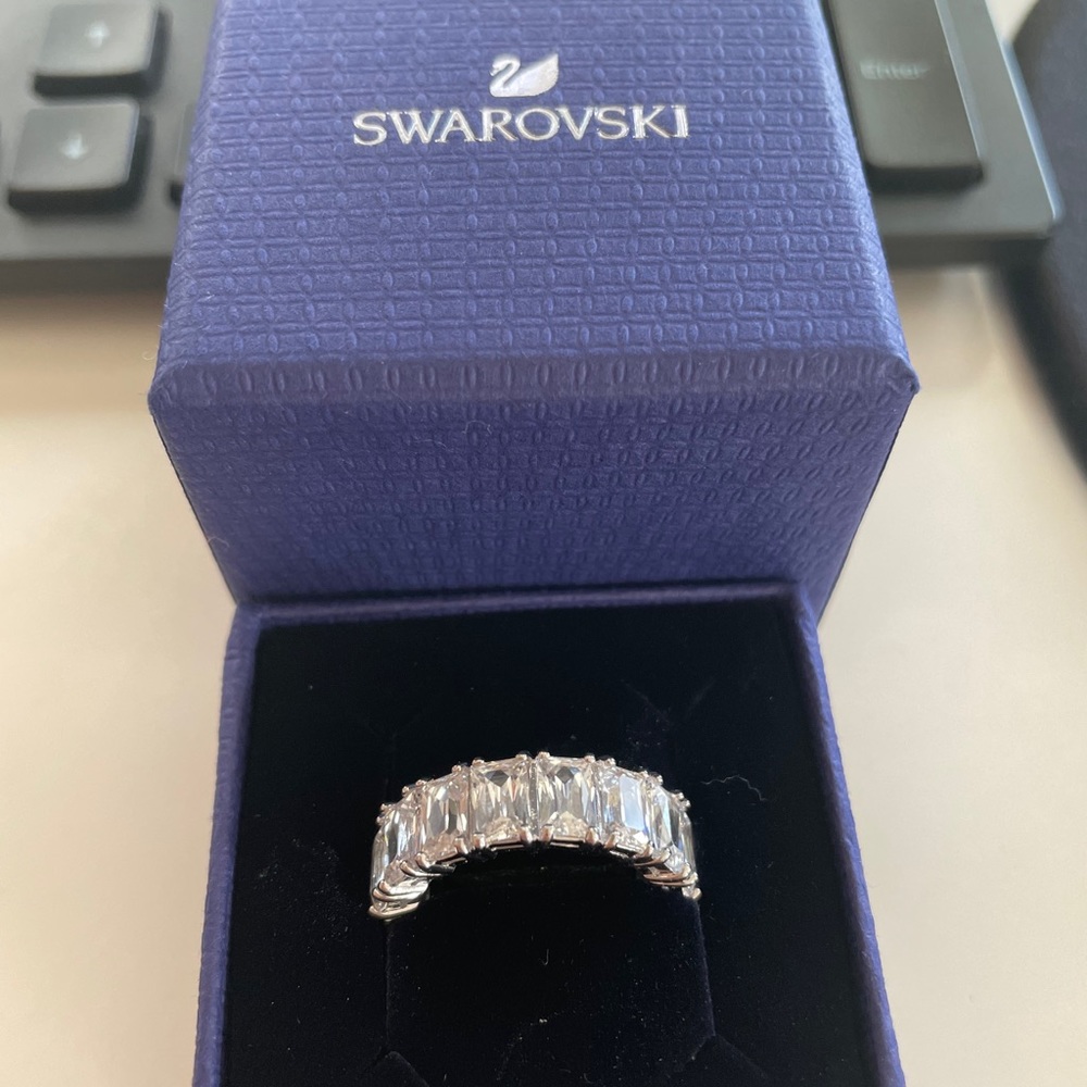 Silver tone baguette crystal wide ring